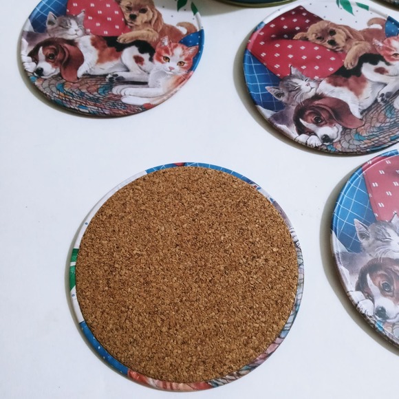 Sleeply Puppies & Kittens Metal Coasters w/ Cork Back Set of 6 In Tin (ebab) - Picture 3 of 4